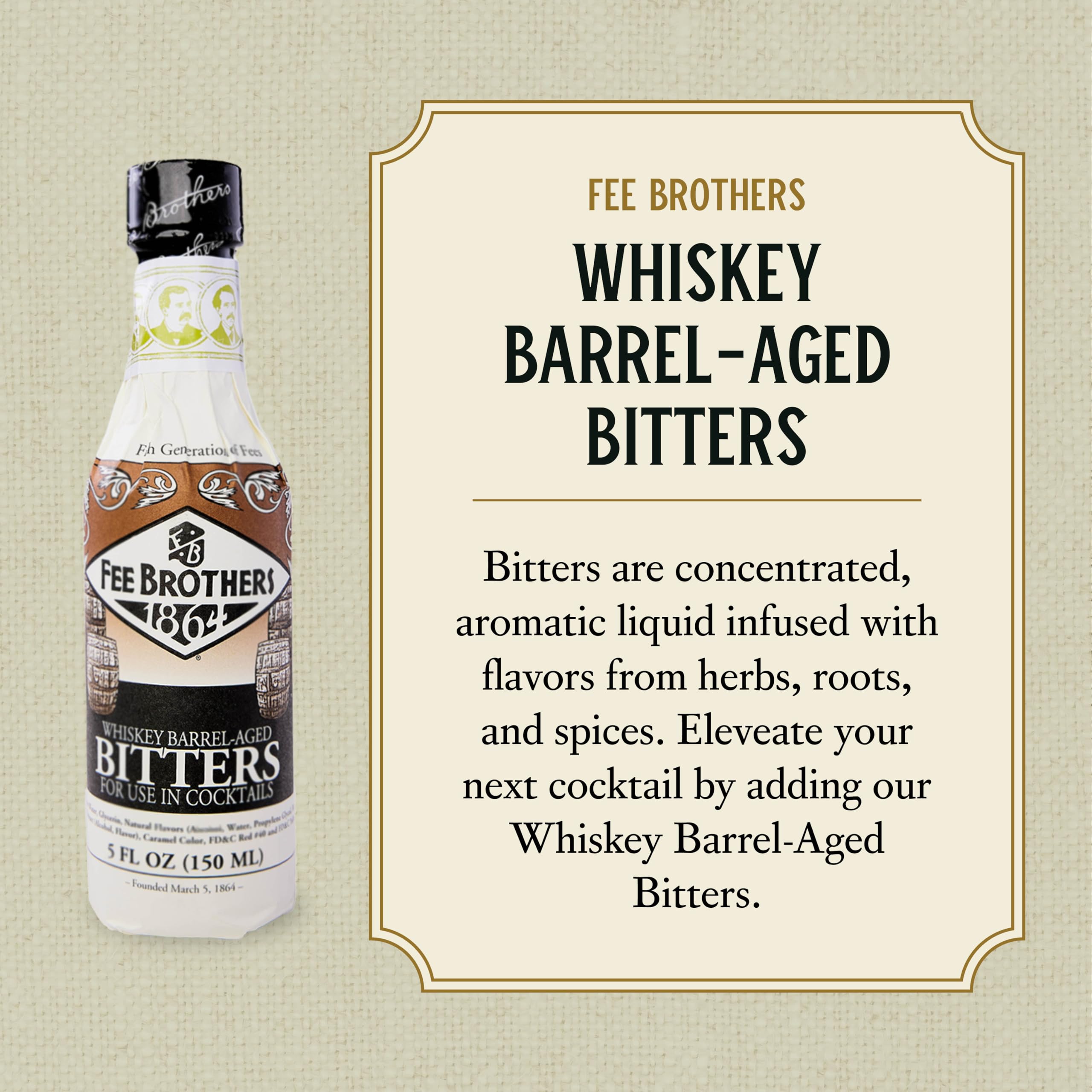 Fee Brothers label close-up highlighting barrel-aged descriptor and batch detail for authenticity