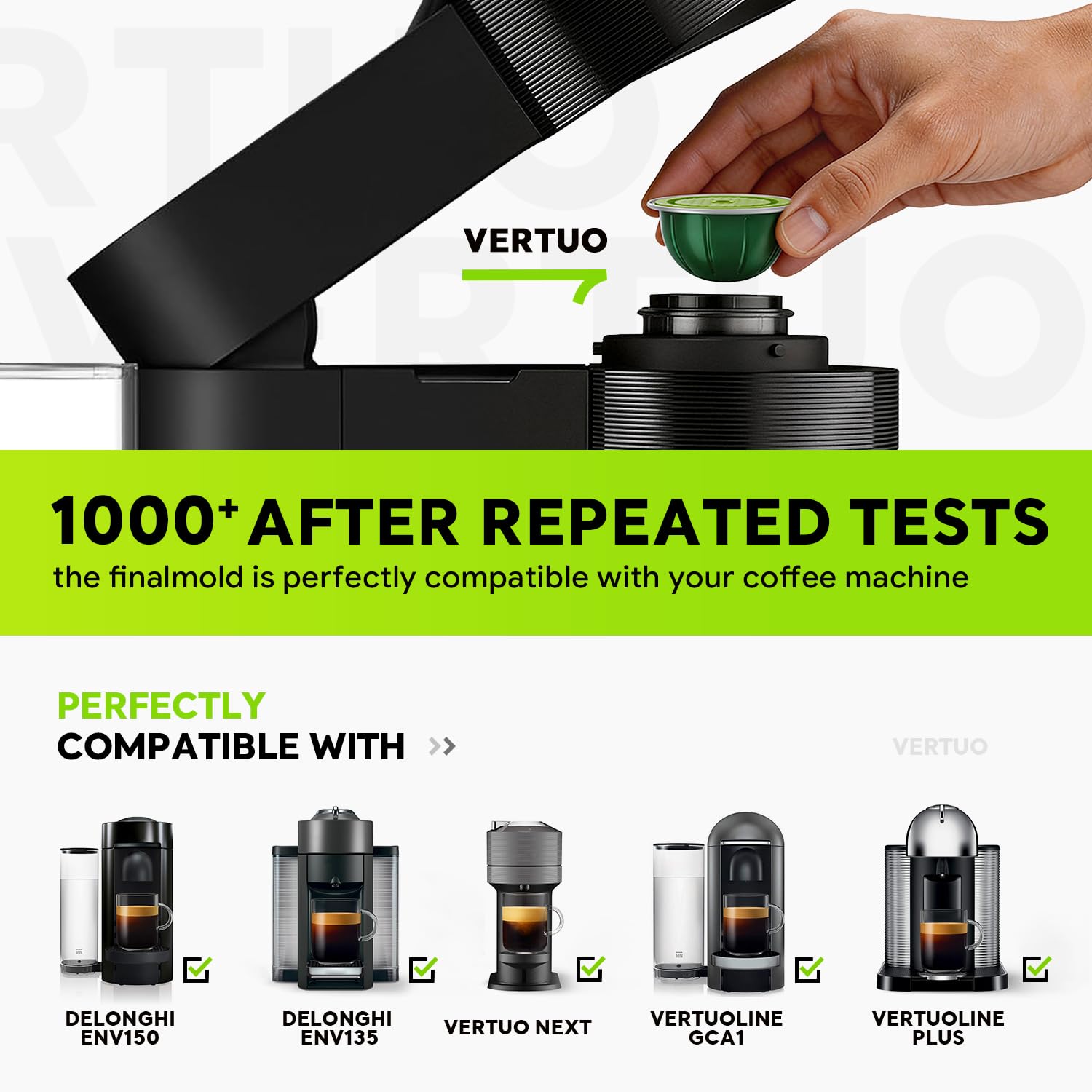 Feilifan capsule inserted in Vertuo Plus machine brewing to illustrate compatibility and crema