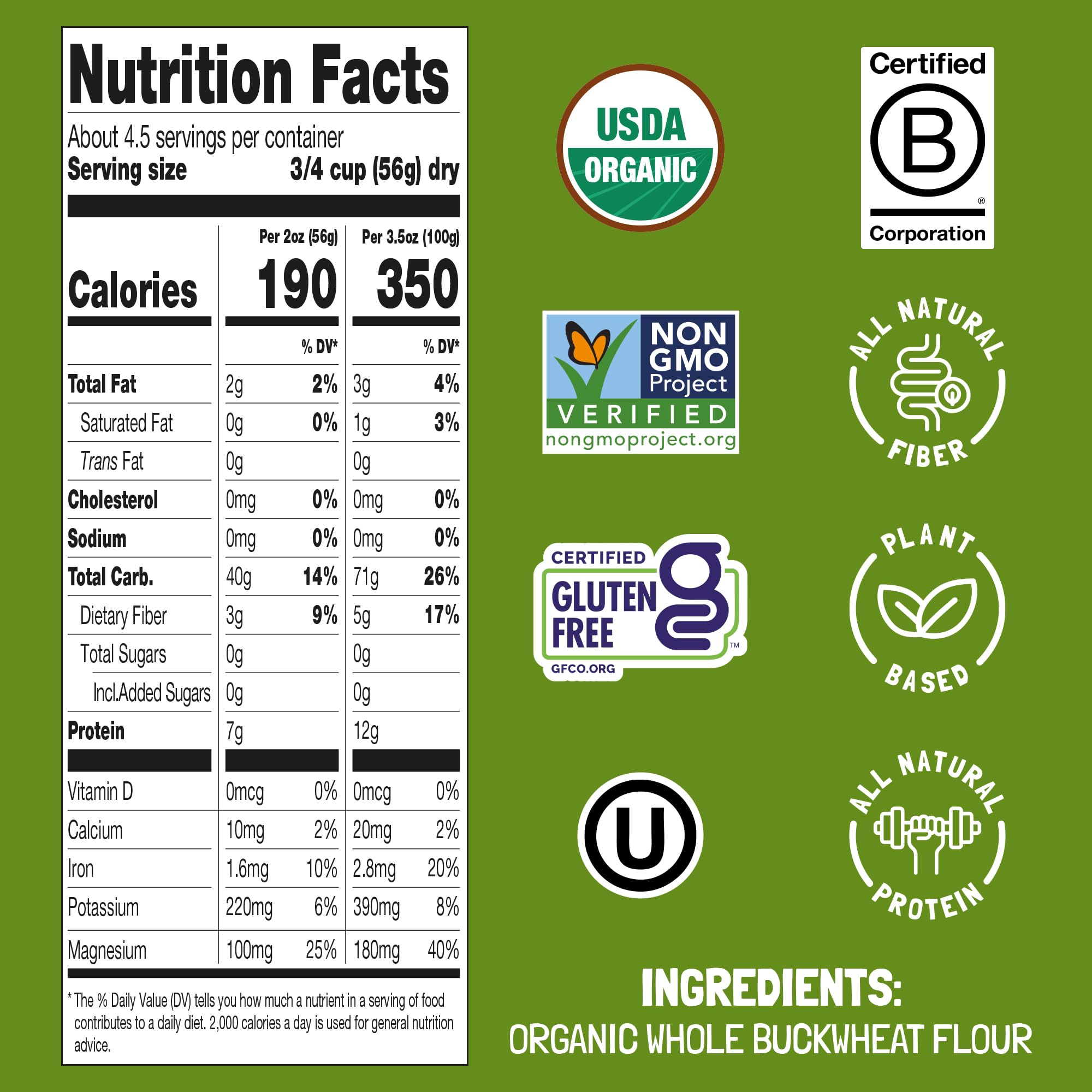 felicia organic buckwheat grains beside pasta showing single-ingredient purity