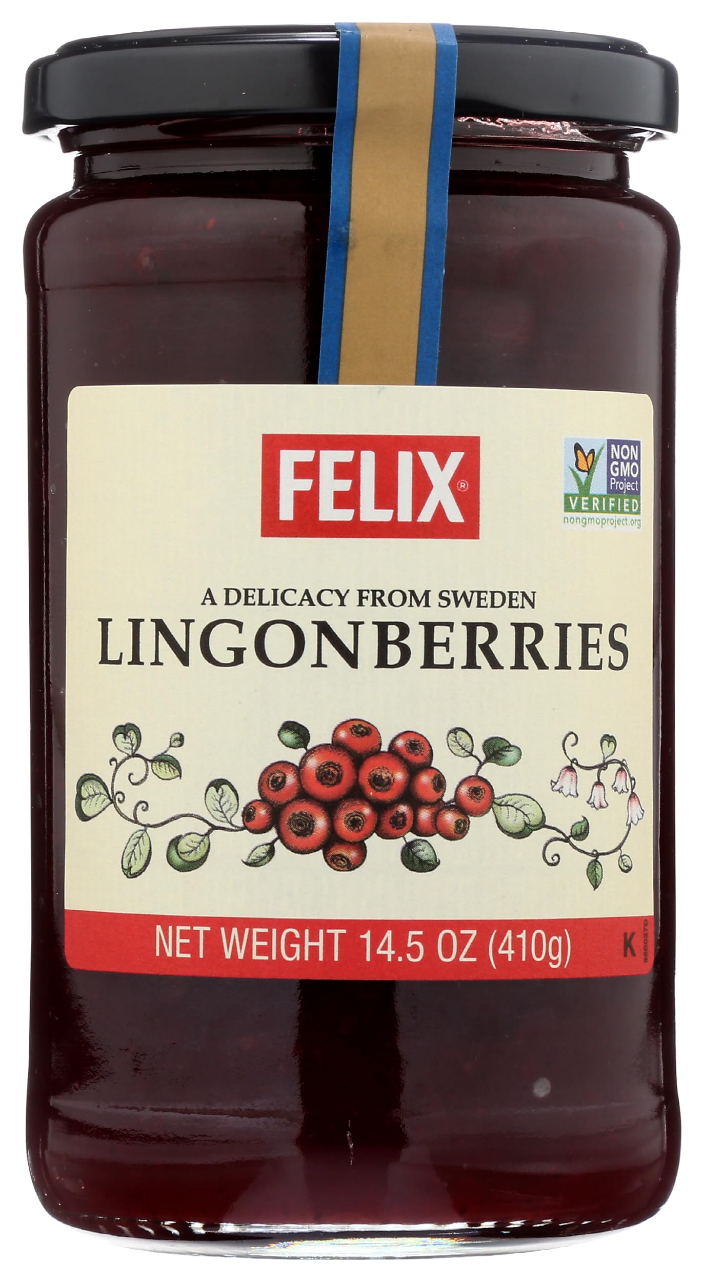 Felix lingonberries front jar shot showing clear label and serving suggestion