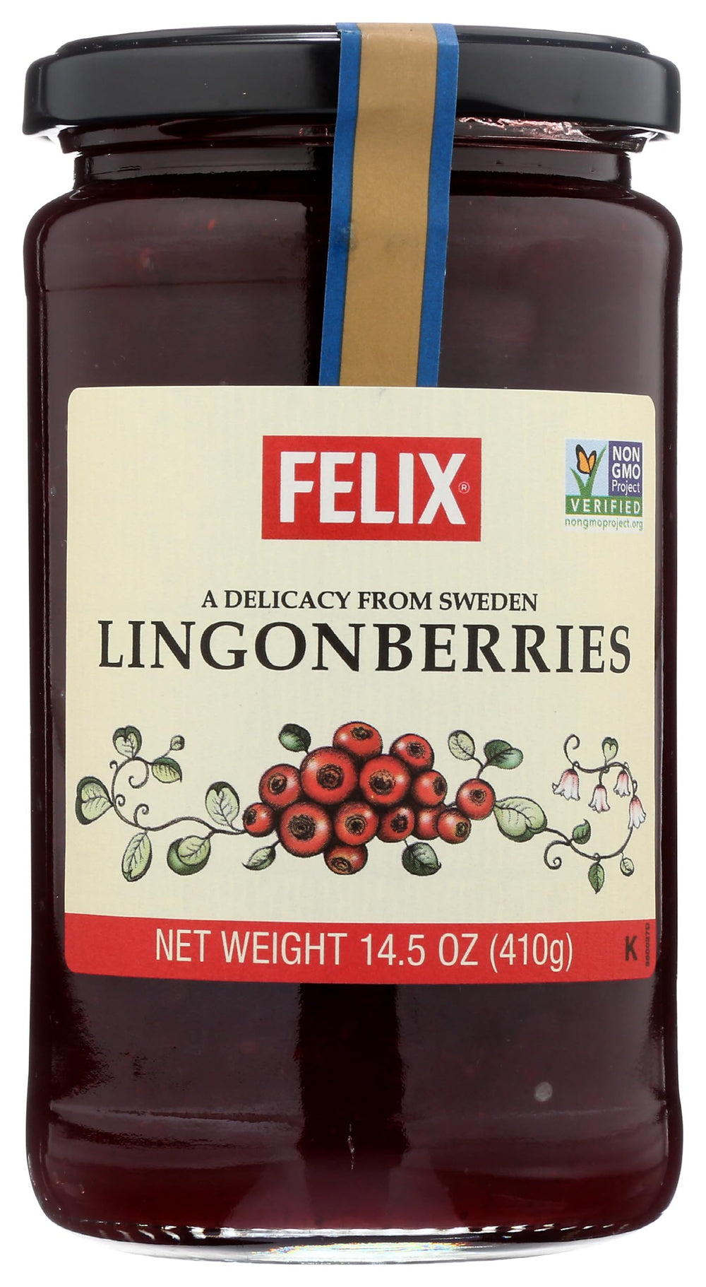 Felix lingonberries front jar shot showing clear label and serving suggestion