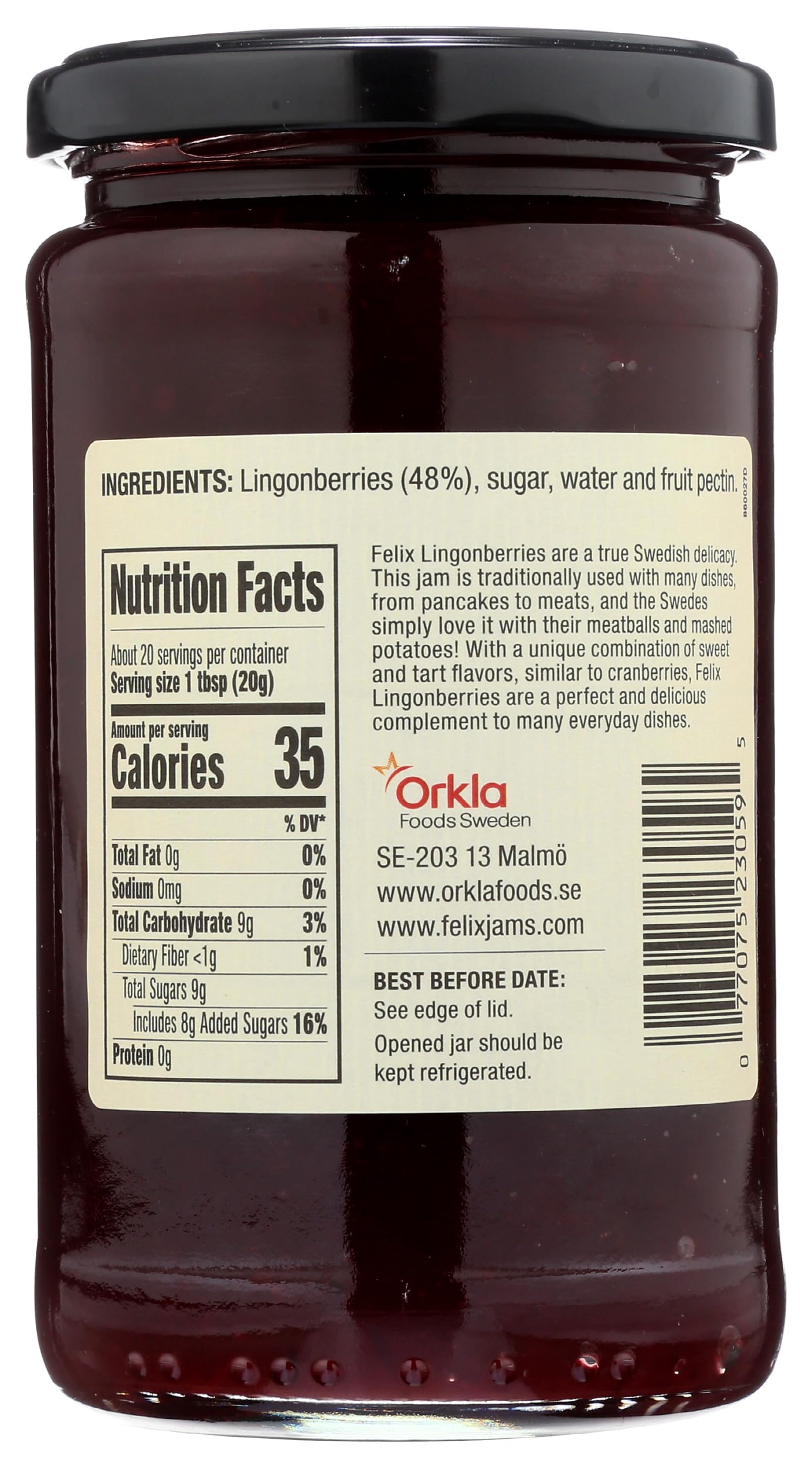 Felix lingonberries close-up of jar label highlighting Swedish origin and quality