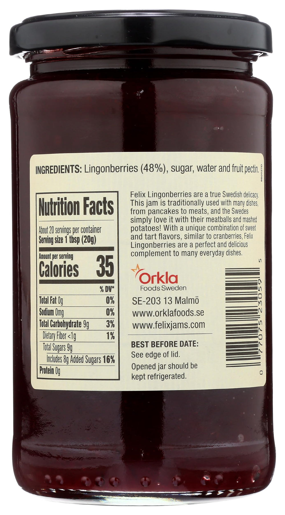 Felix lingonberries close-up of jar label highlighting Swedish origin and quality