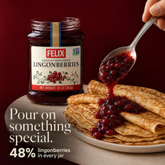 Spoonful of Felix lingonberries being served, showing vibrant color and ready-to-use benefit