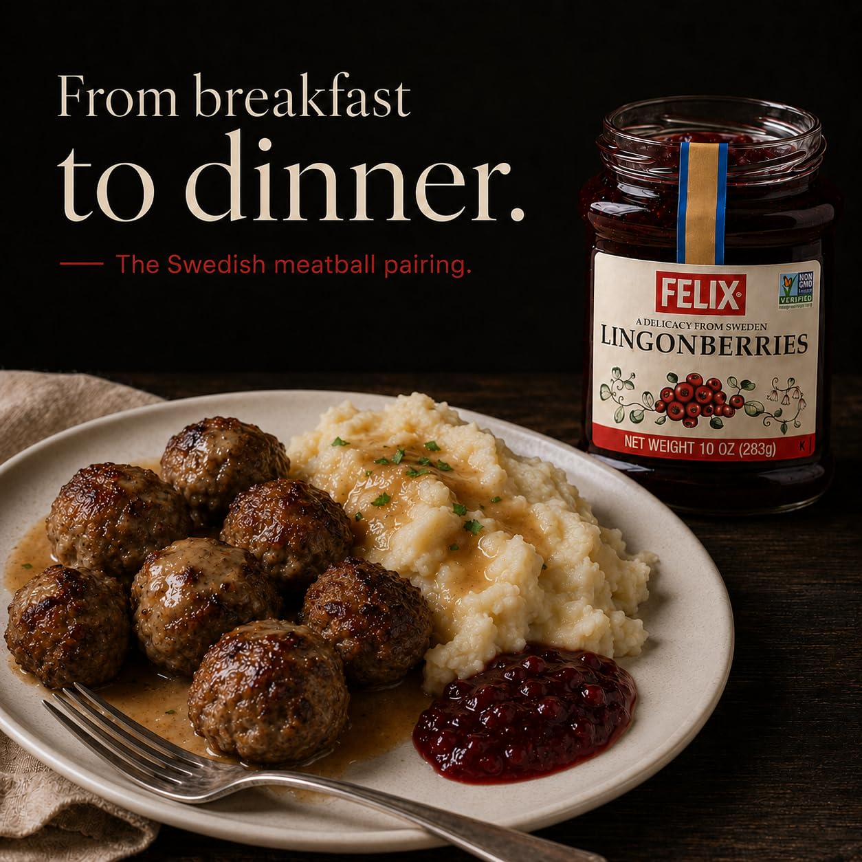Felix lingonberries plated with meatballs, illustrating pairing and flavor-enhancing benefit