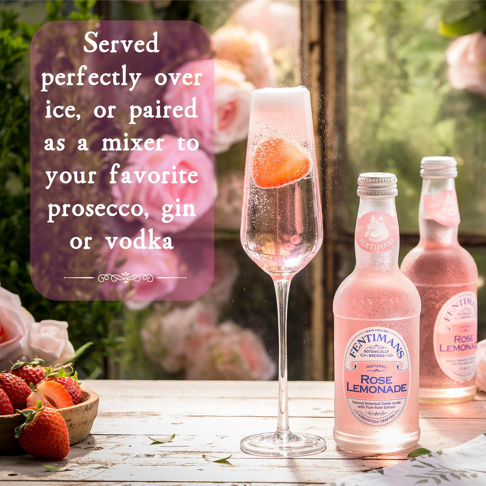 Fentimans rose lemonade mid-pour, captures fizz and natural brightness