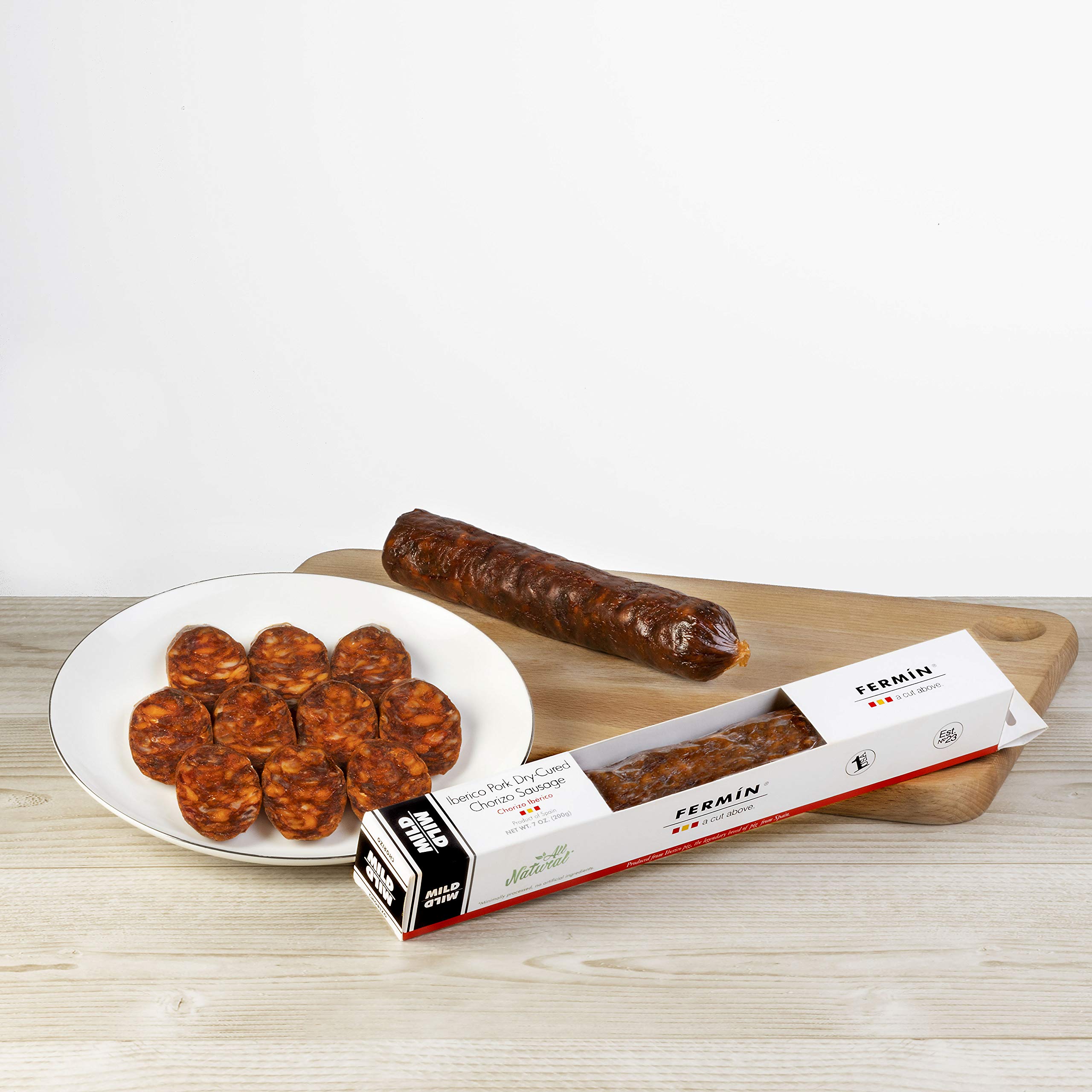 FERMIN Iberico chorizo thinly sliced close-up highlighting tender texture and savory aroma