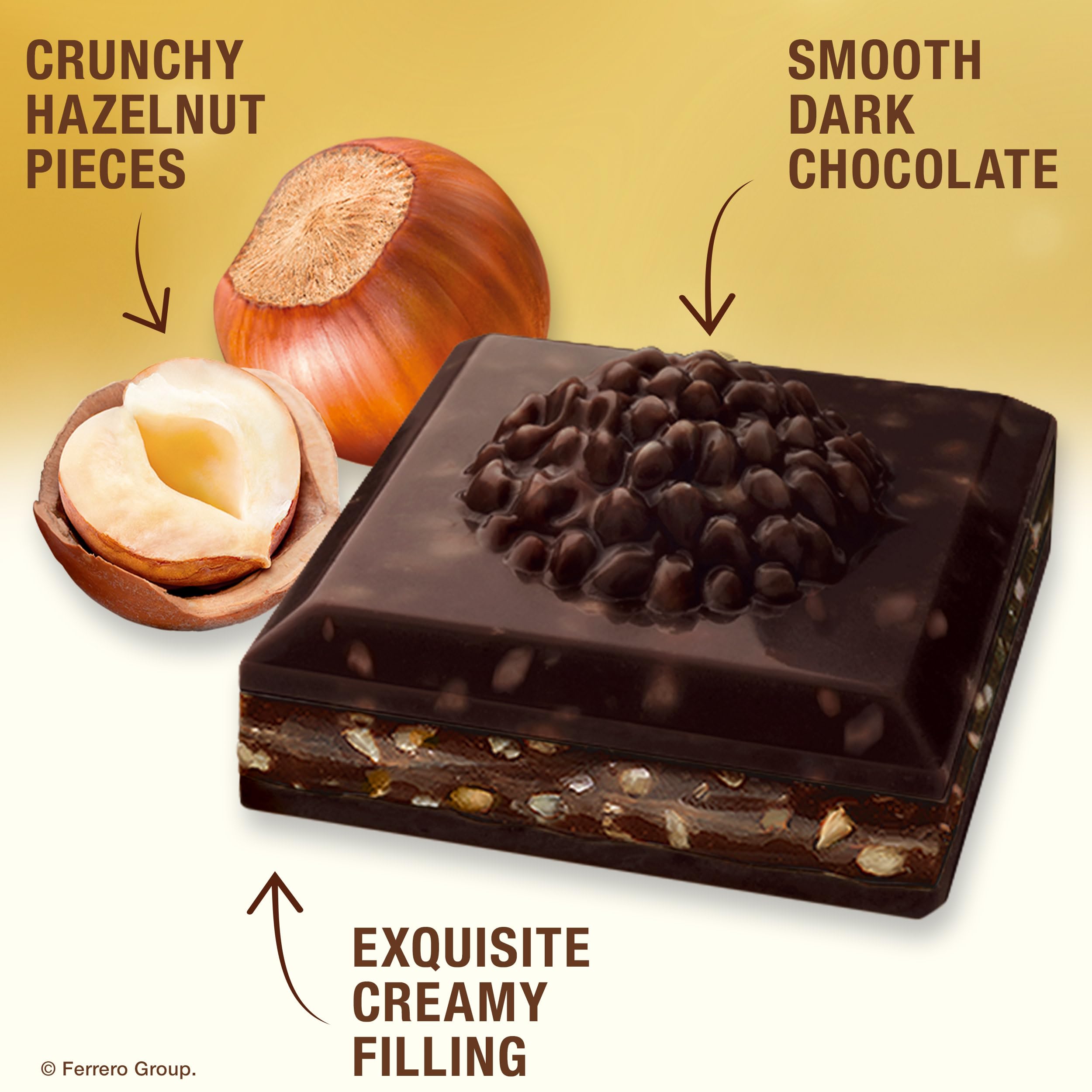 Ferrero Rocher bar cross-section showing dark chocolate, filling, and crunch