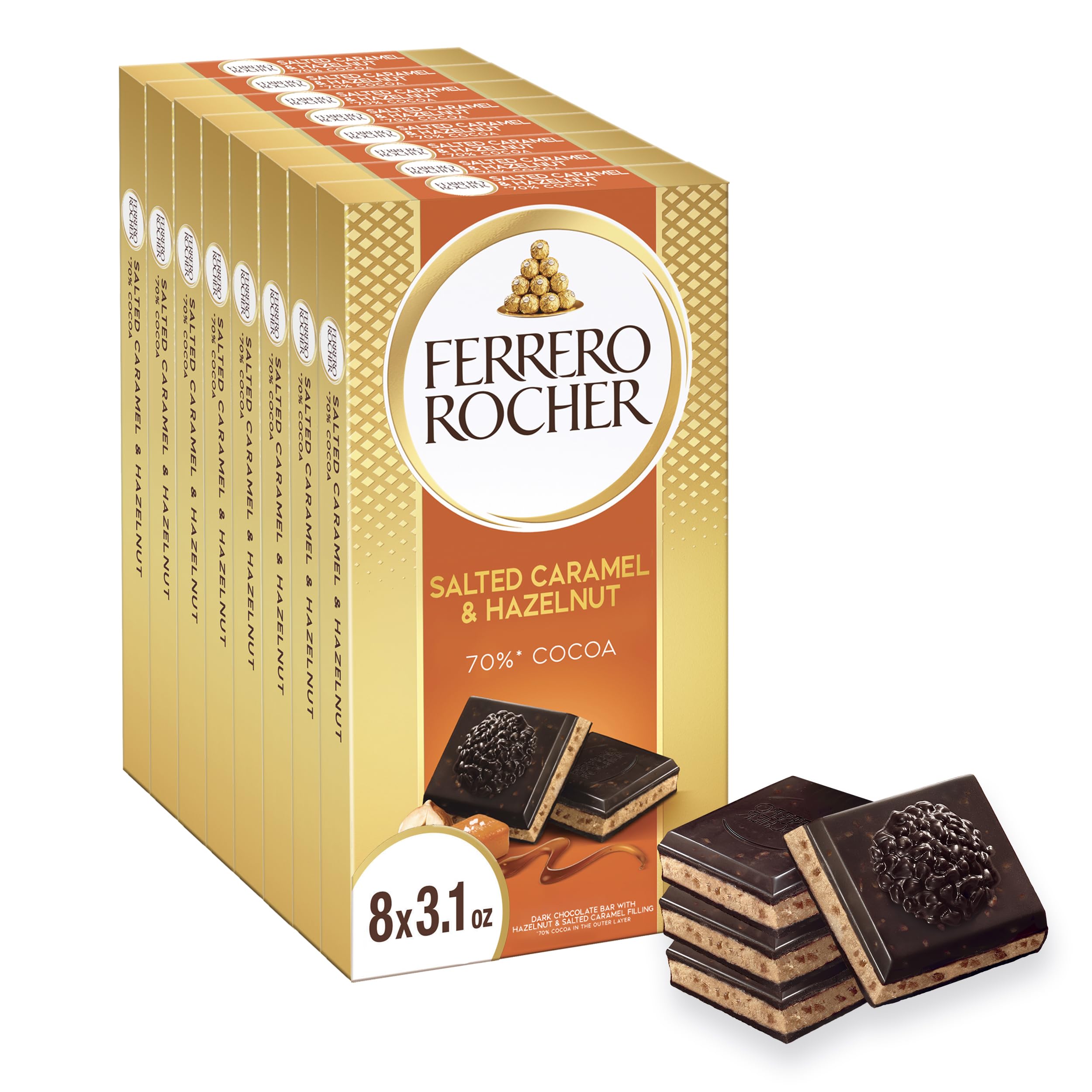 Ferrero Rocher front packaging showing eight individually wrapped bars for gifting
