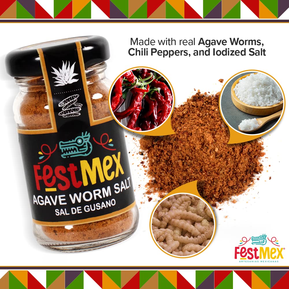 Close-up of FESTMEX Sal de Gusano texture with visible roasted maguey worm pieces, shows rich umami