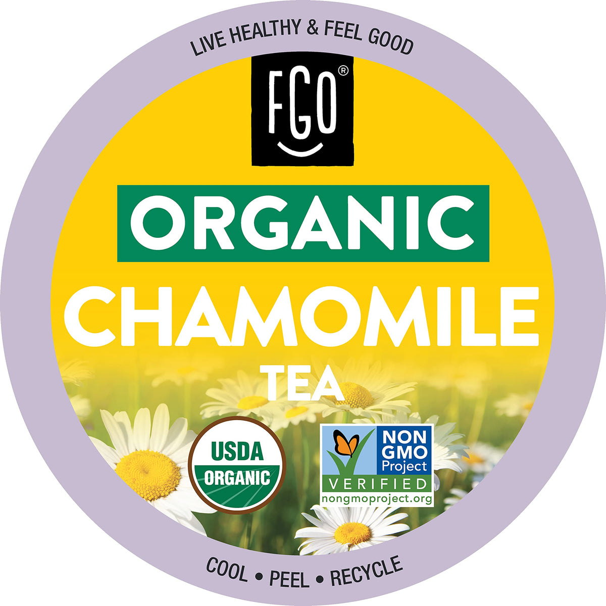 FGO front packaging showing 24-count chamomile pods with organic badge and convenience
