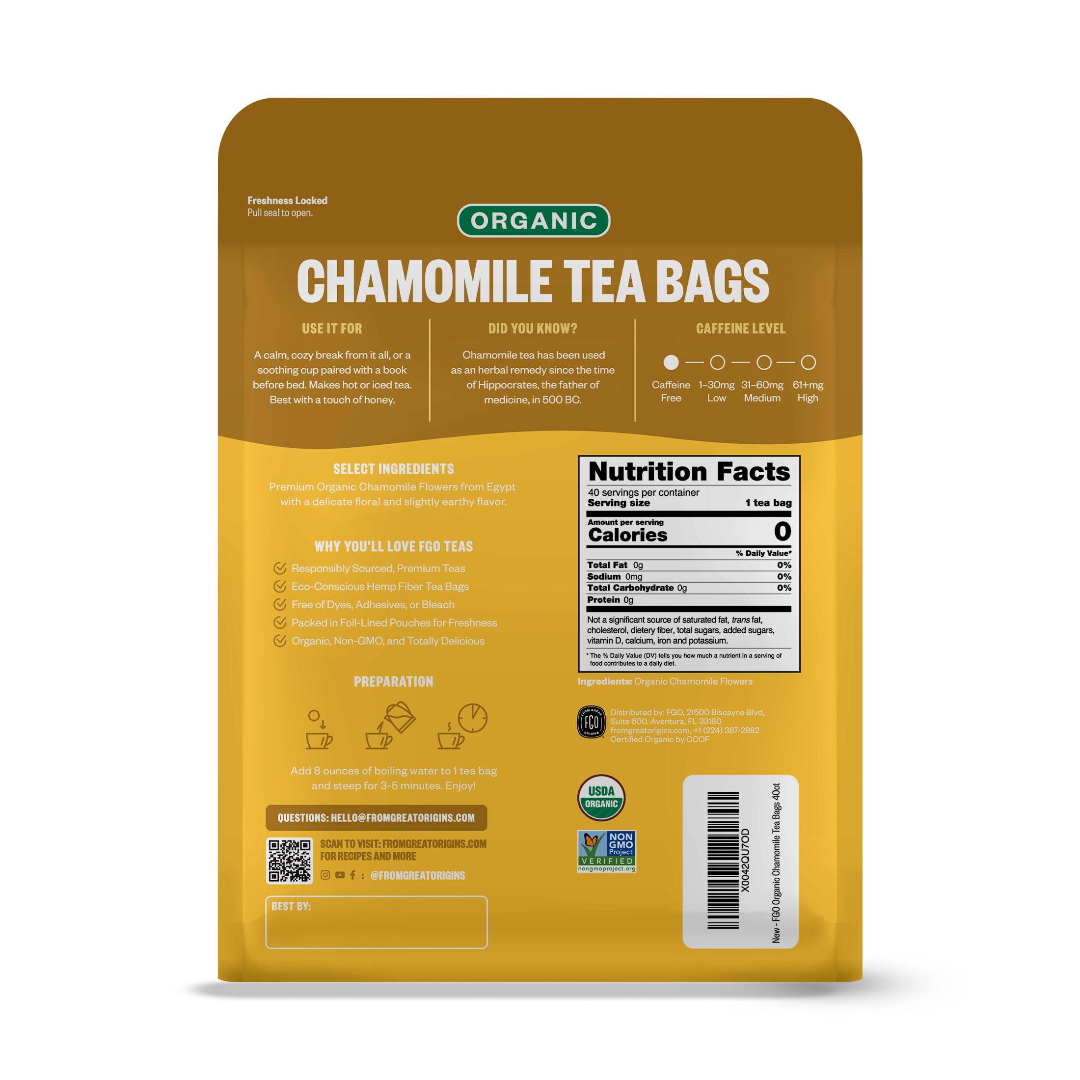 FGO tea sachet close-up showing Abacá hemp fiber material and eco benefit