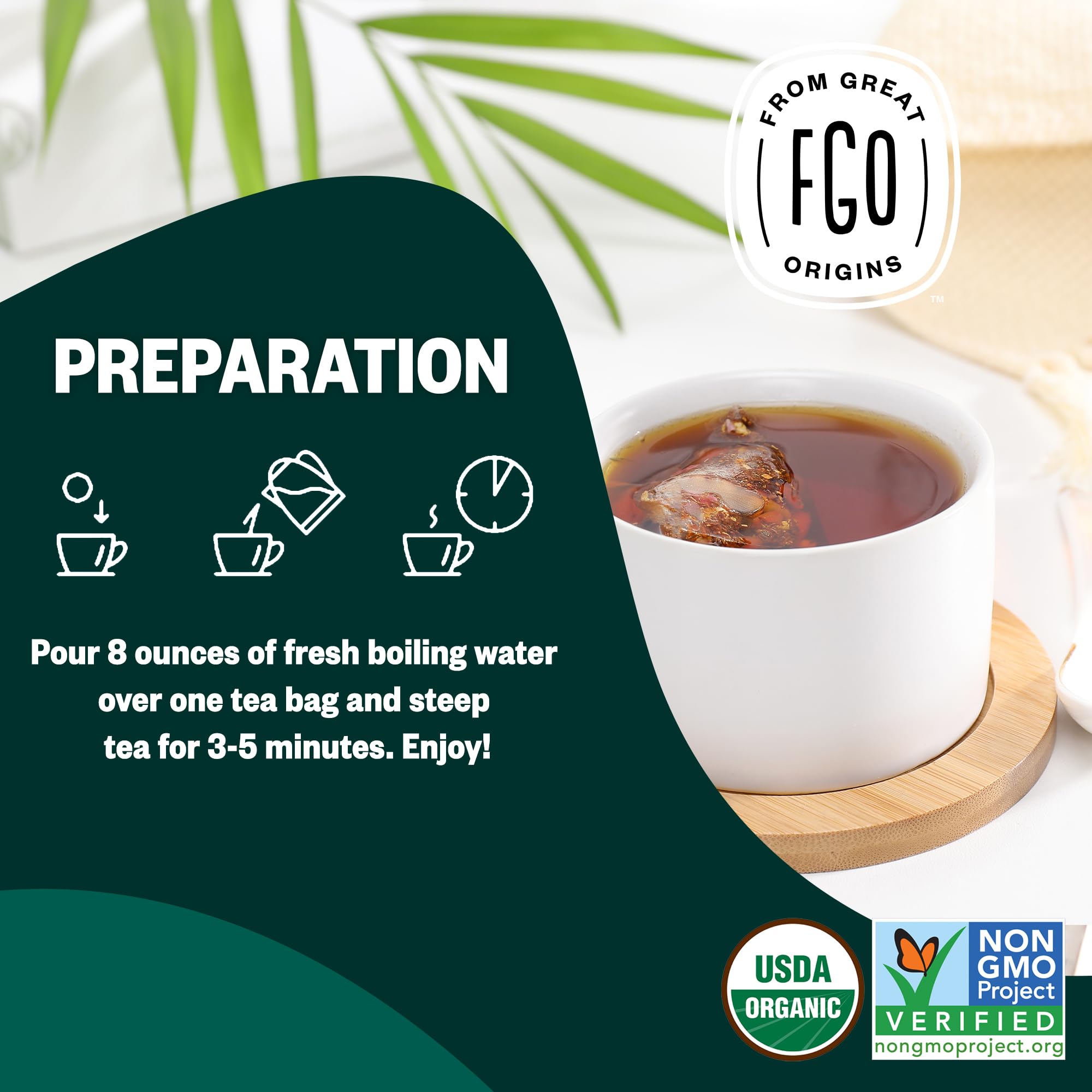 FGO tea bag material detail highlighting plant-fiber texture and glue-free design