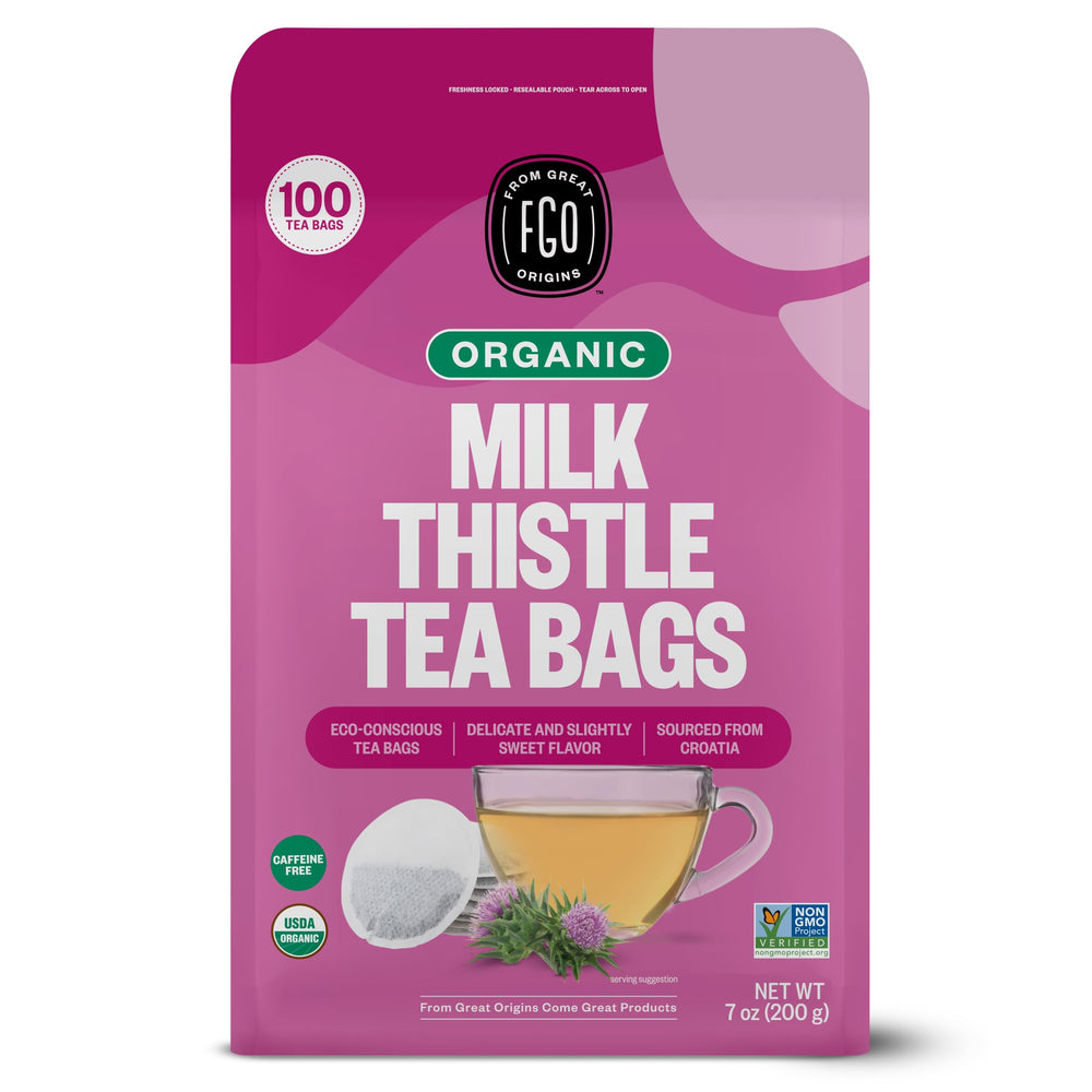 FGO front packaging showing resealable pouch and 100 tea bags for convenience