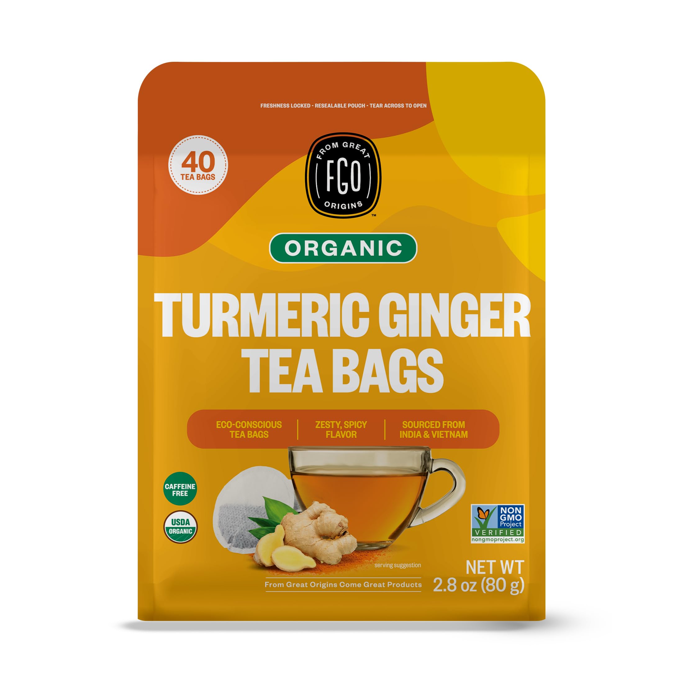 FGO front packaging shows labeled turmeric ginger tea for clear product recognition