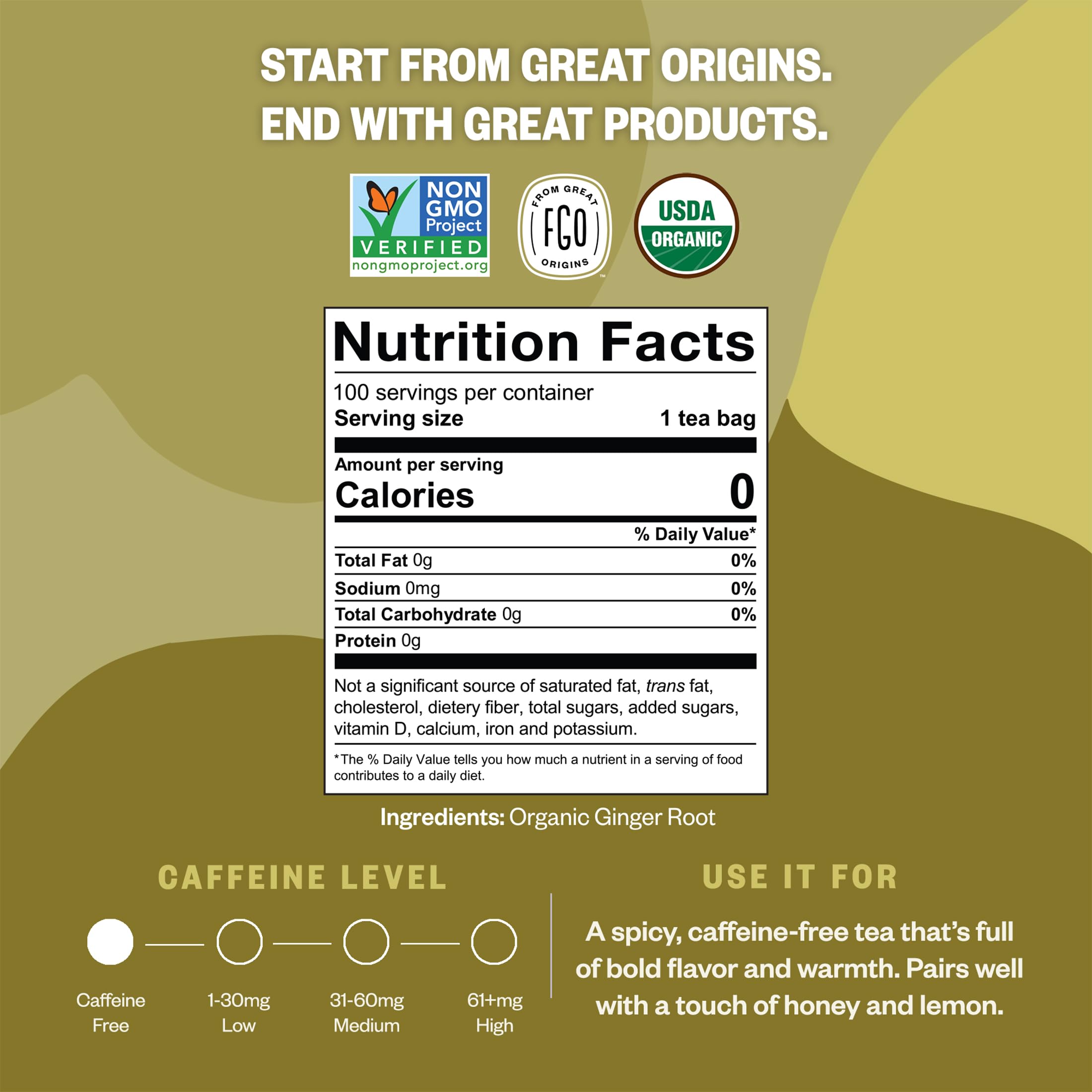 FGO ginger root and loose ginger pieces next to tea bag, shows natural ingredients