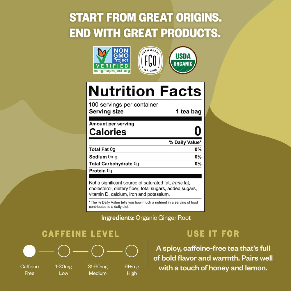 FGO ginger root and loose ginger pieces next to tea bag, shows natural ingredients