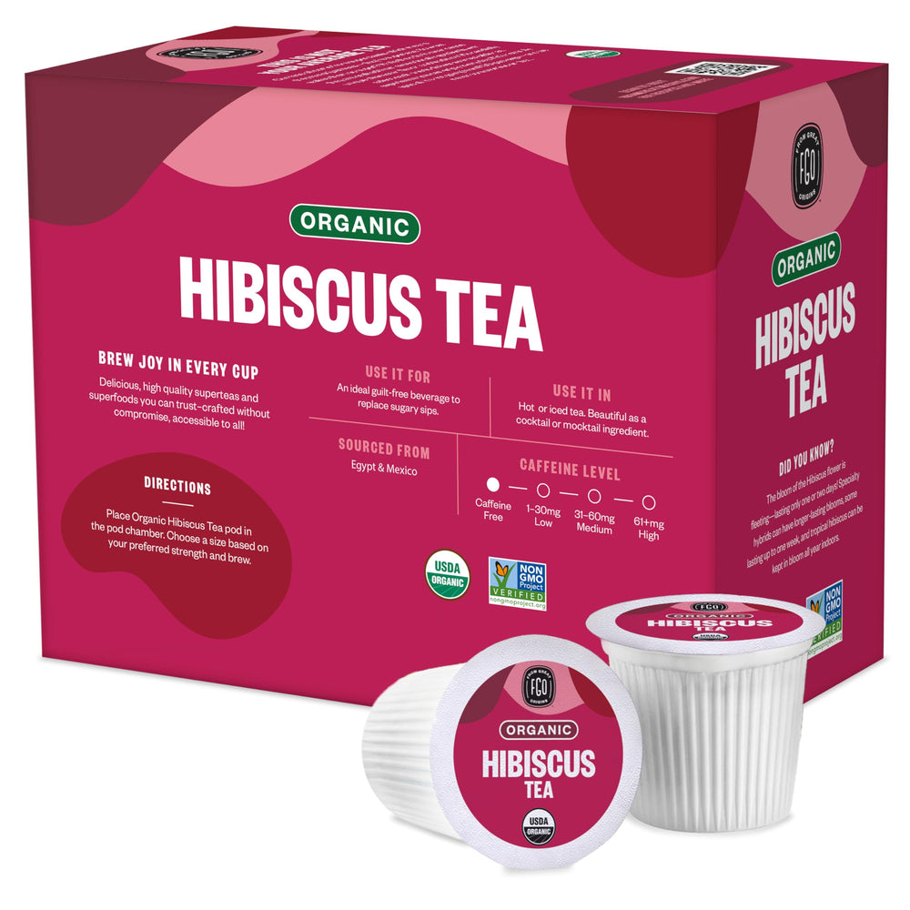 FGO brewed hibiscus tea in a cup in a kitchen setting showing vivid color and serving suggestion