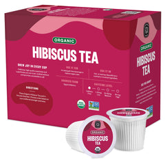 FGO brewed hibiscus tea in a cup in a kitchen setting showing vivid color and serving suggestion