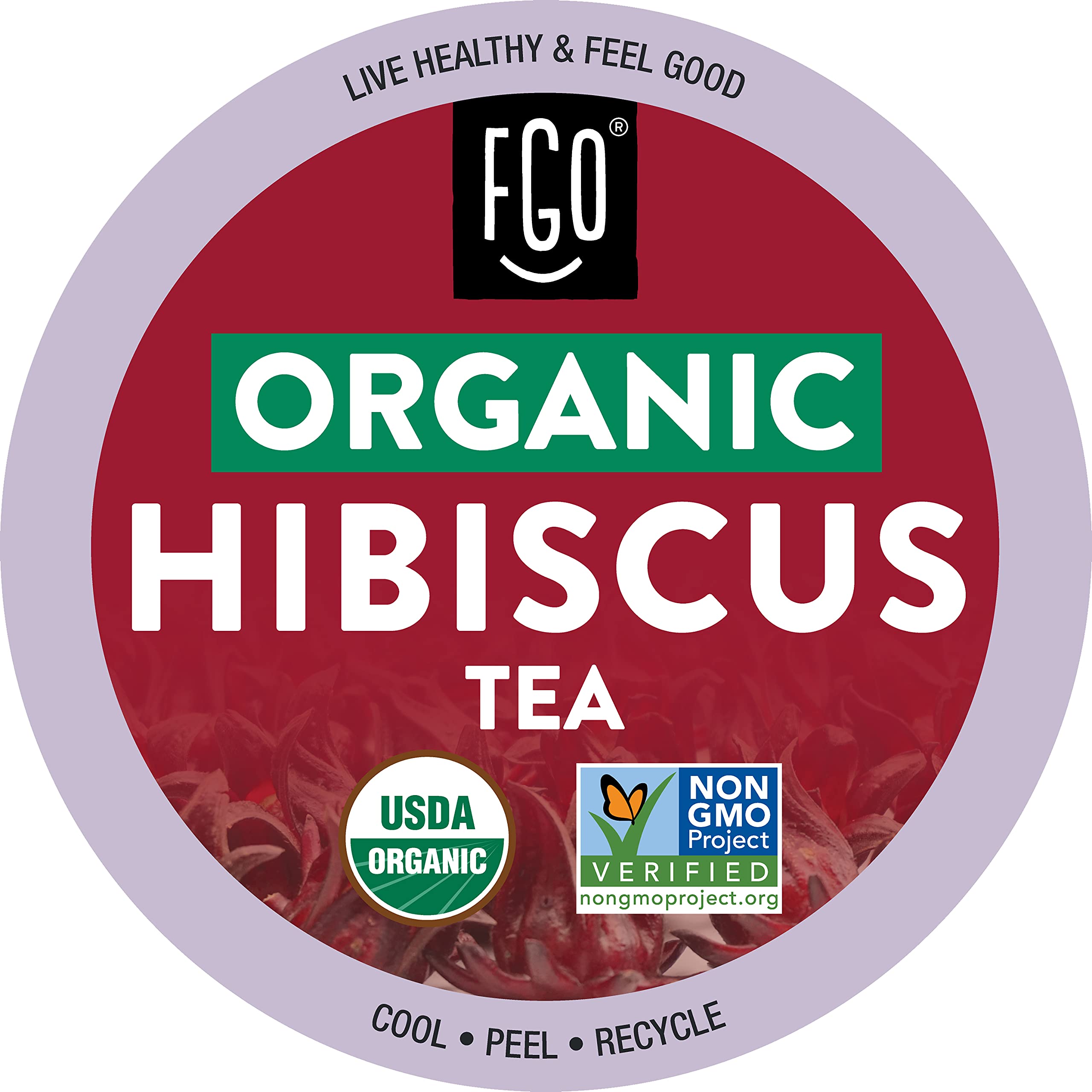 FGO front packaging showing 24 hibiscus K-Cup pods and organic badge for convenience