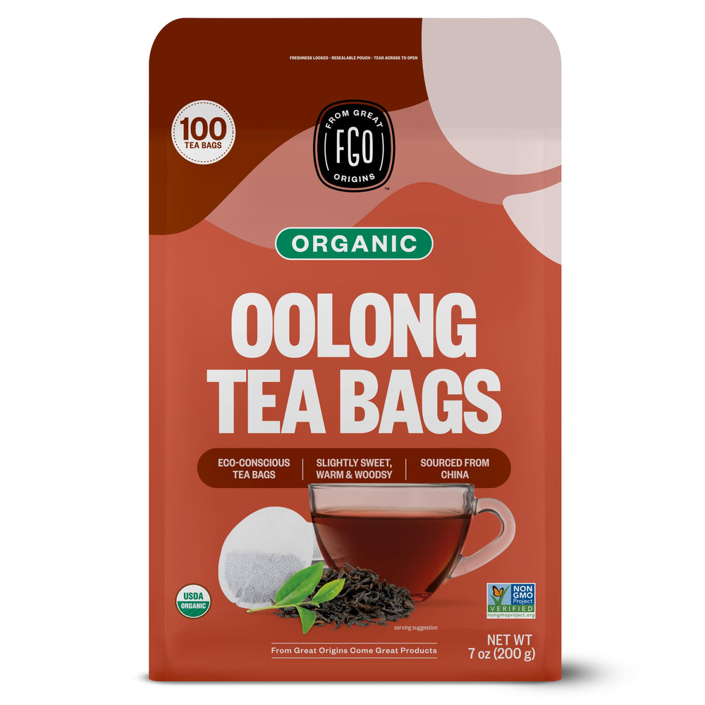 FGO front packaging showing 100-count organic oolong, freshness preserved