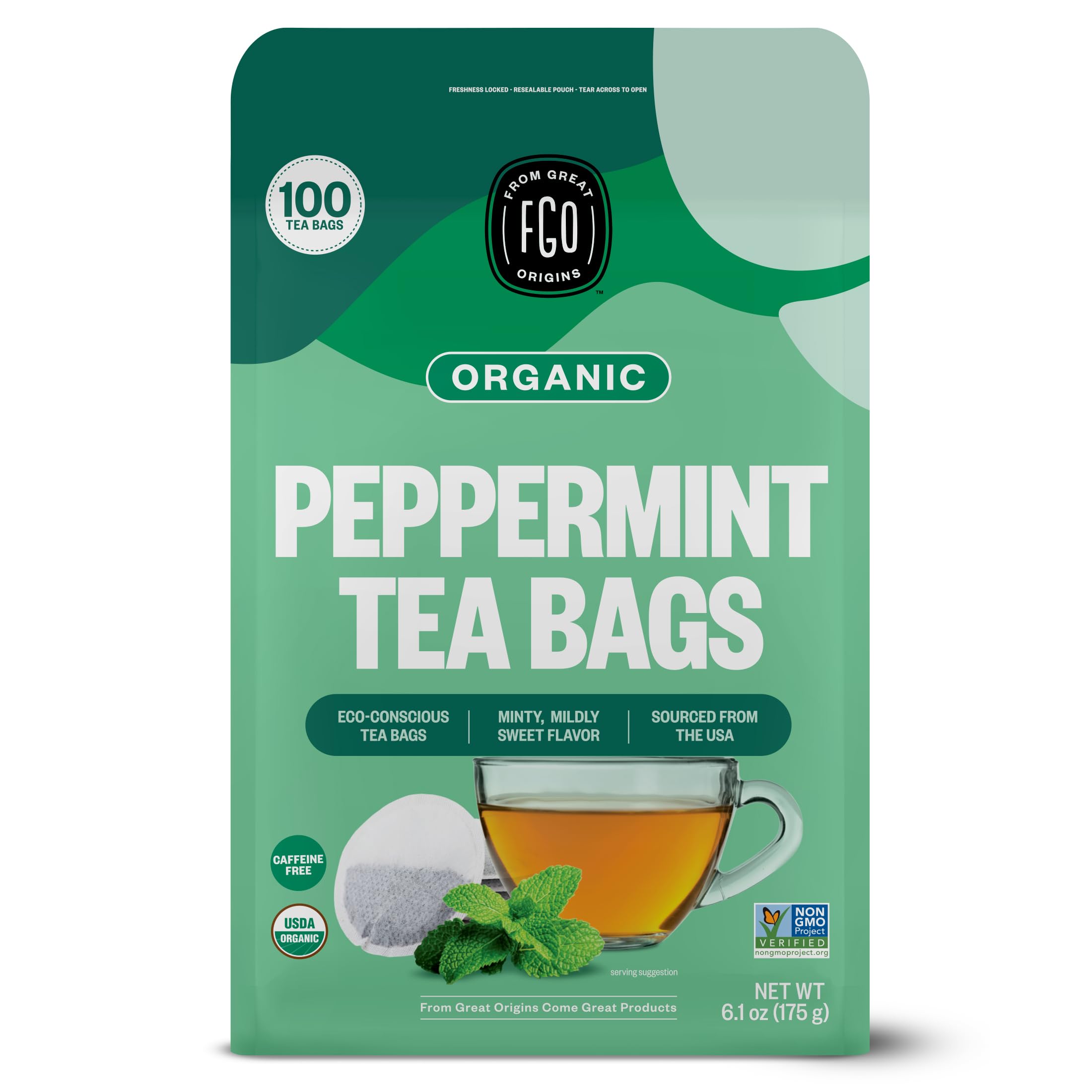 FGO peppermint tea front packaging showing organic seal and count benefit