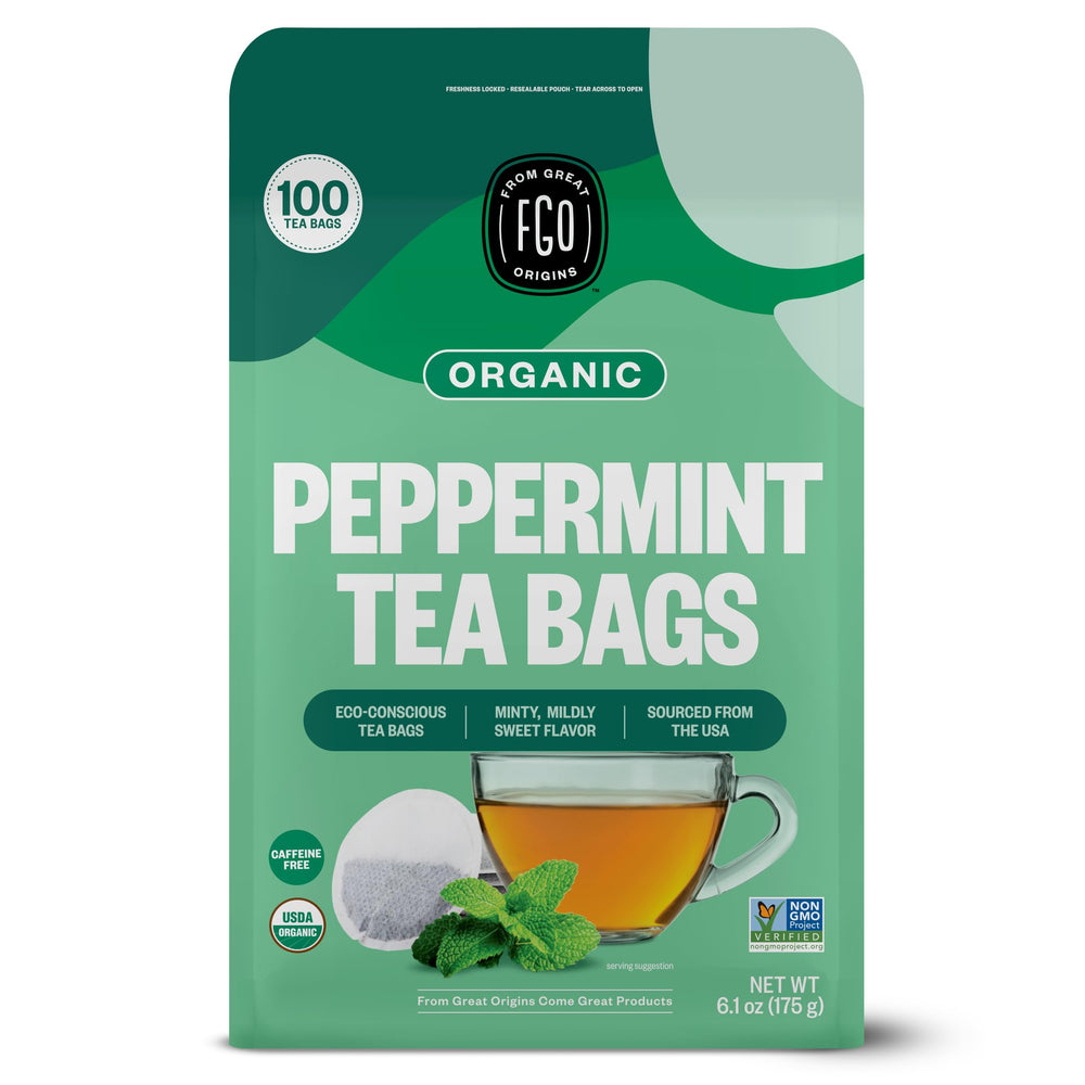FGO peppermint tea front packaging showing organic seal and count benefit