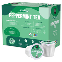 FGO brewed peppermint tea in mug demonstrating fresh mint flavor and convenience