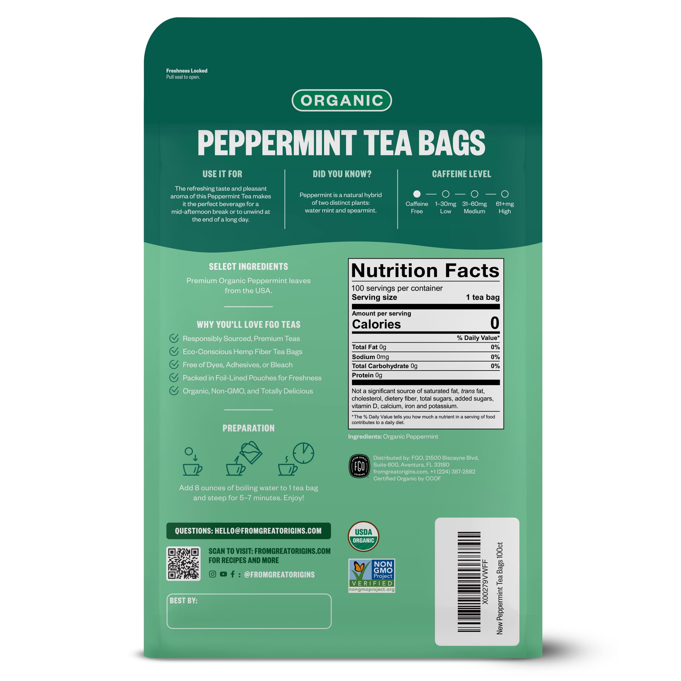 FGO peppermint tea close-up of single tea bag delivering fresh aroma benefit