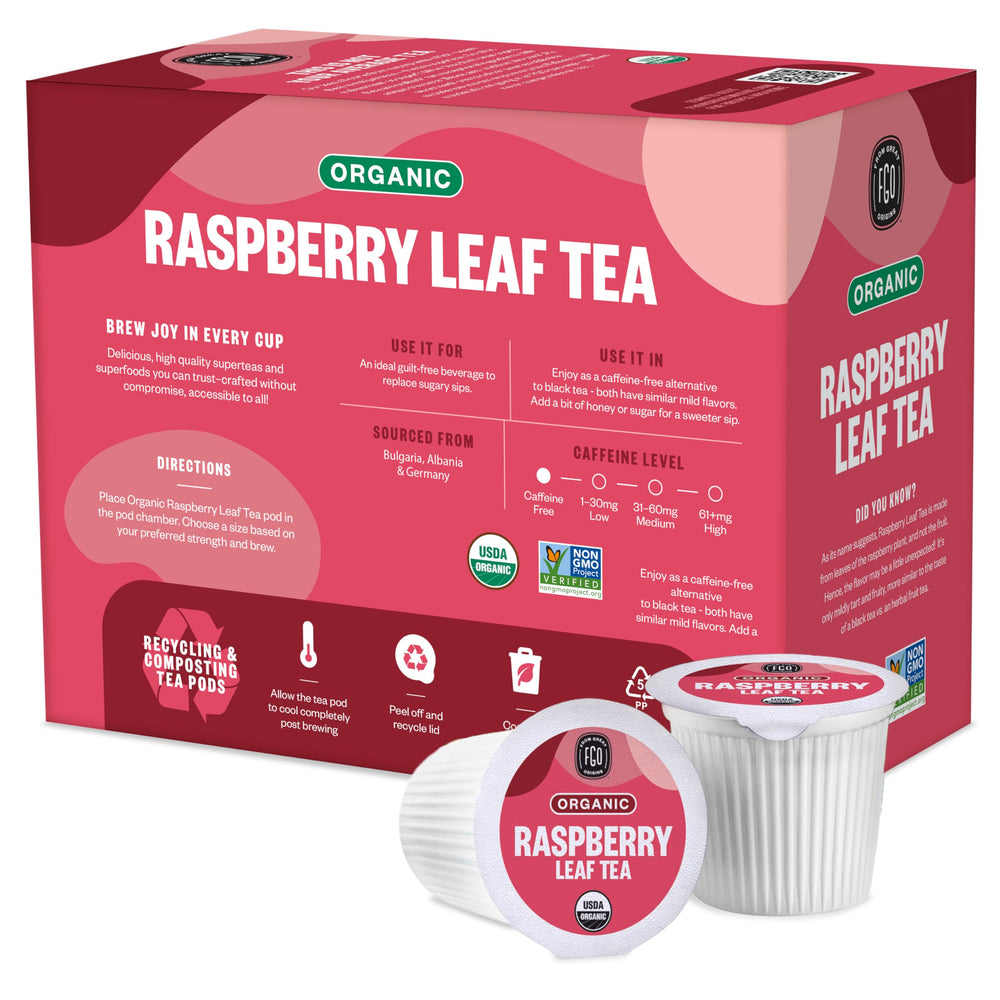 FGO mug of brewed raspberry leaf tea in kitchen, shows calming caffeine-free beverage