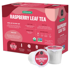 FGO mug of brewed raspberry leaf tea in kitchen, shows calming caffeine-free beverage
