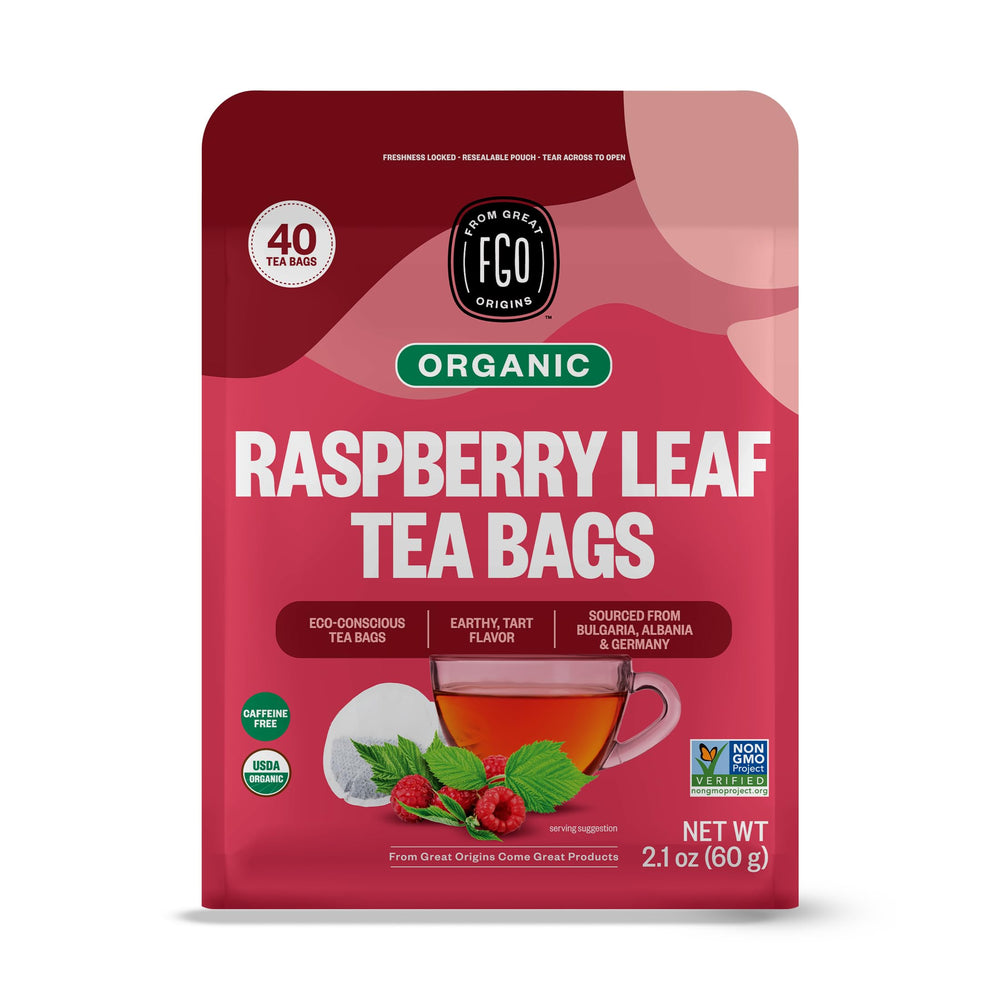 FGO front packaging showing organic red raspberry leaf tea, highlights freshness