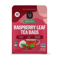 FGO front packaging showing organic red raspberry leaf tea, highlights freshness