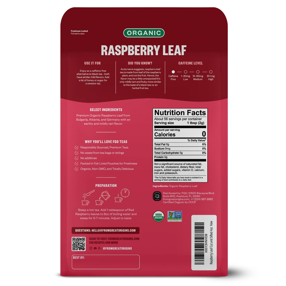 FGO close-up of cut and sifted red raspberry leaves showing texture benefit