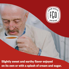 FGO brewed rooibos cup in lifestyle setting, showcases smooth caffeine-free flavor
