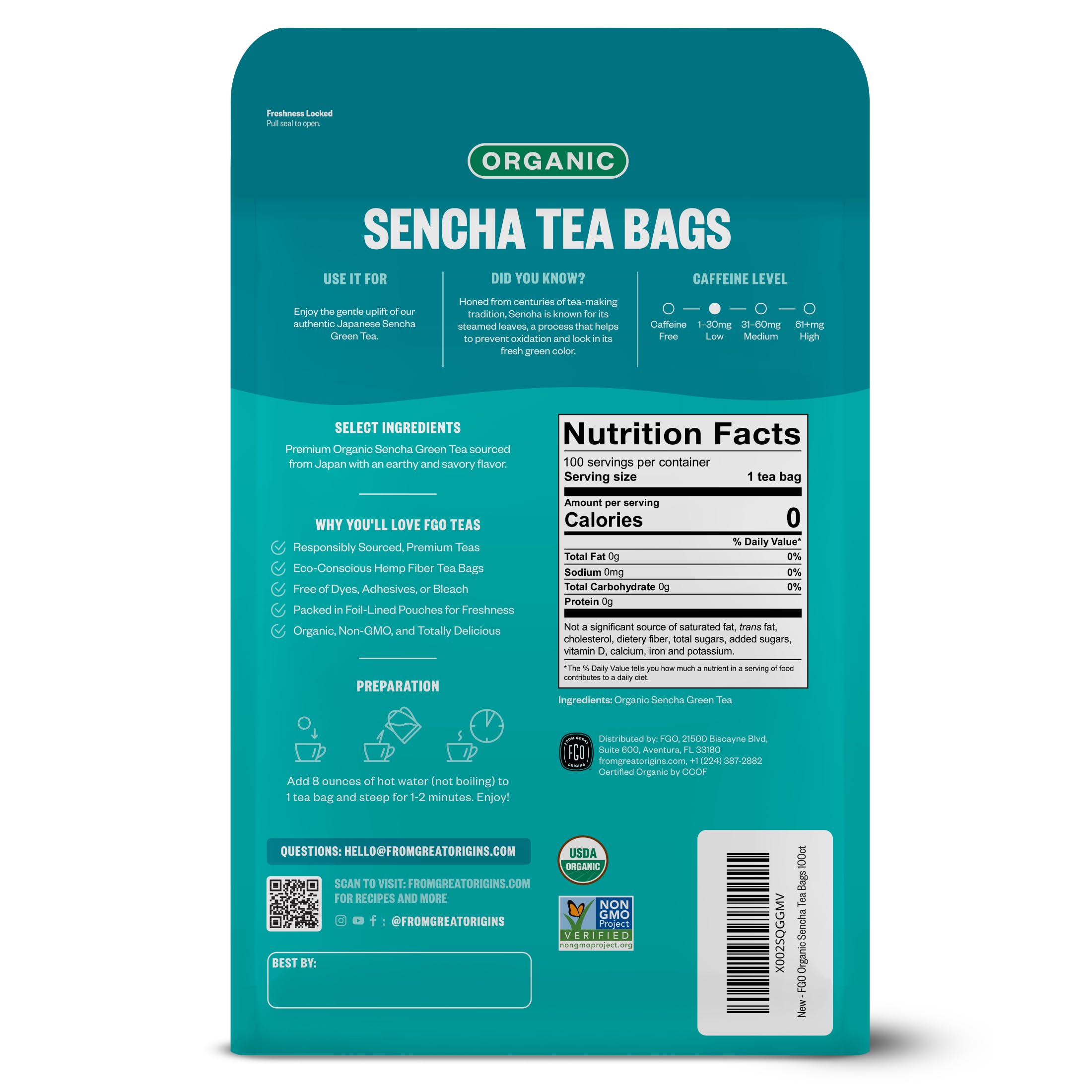 FGO tea bag close-up displaying Abacá hemp fiber and eco benefit