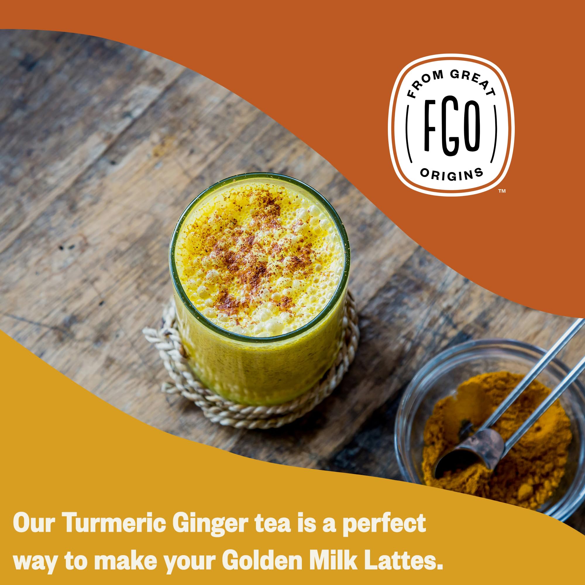 FGO loose tea contents on spoon showing turmeric ginger texture and quality