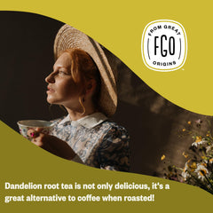 steaming mug of FGO roasted dandelion tea demonstrating rich caffeine-free flavor