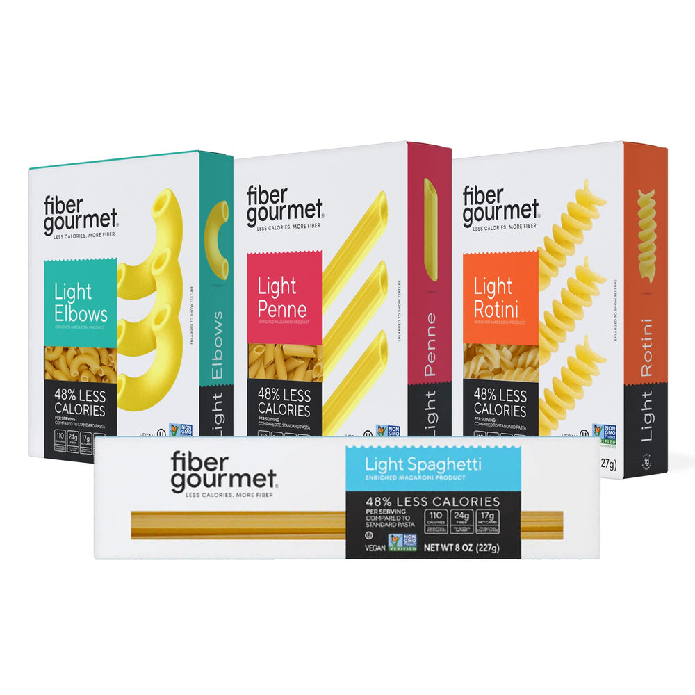 Fiber Gourmet front packaging showing four-shape variety and benefits