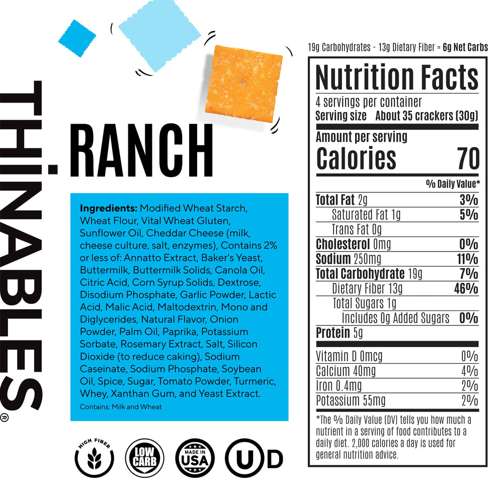 Closeup of a Thinables ranch cracker showing seasoning and crunch benefits