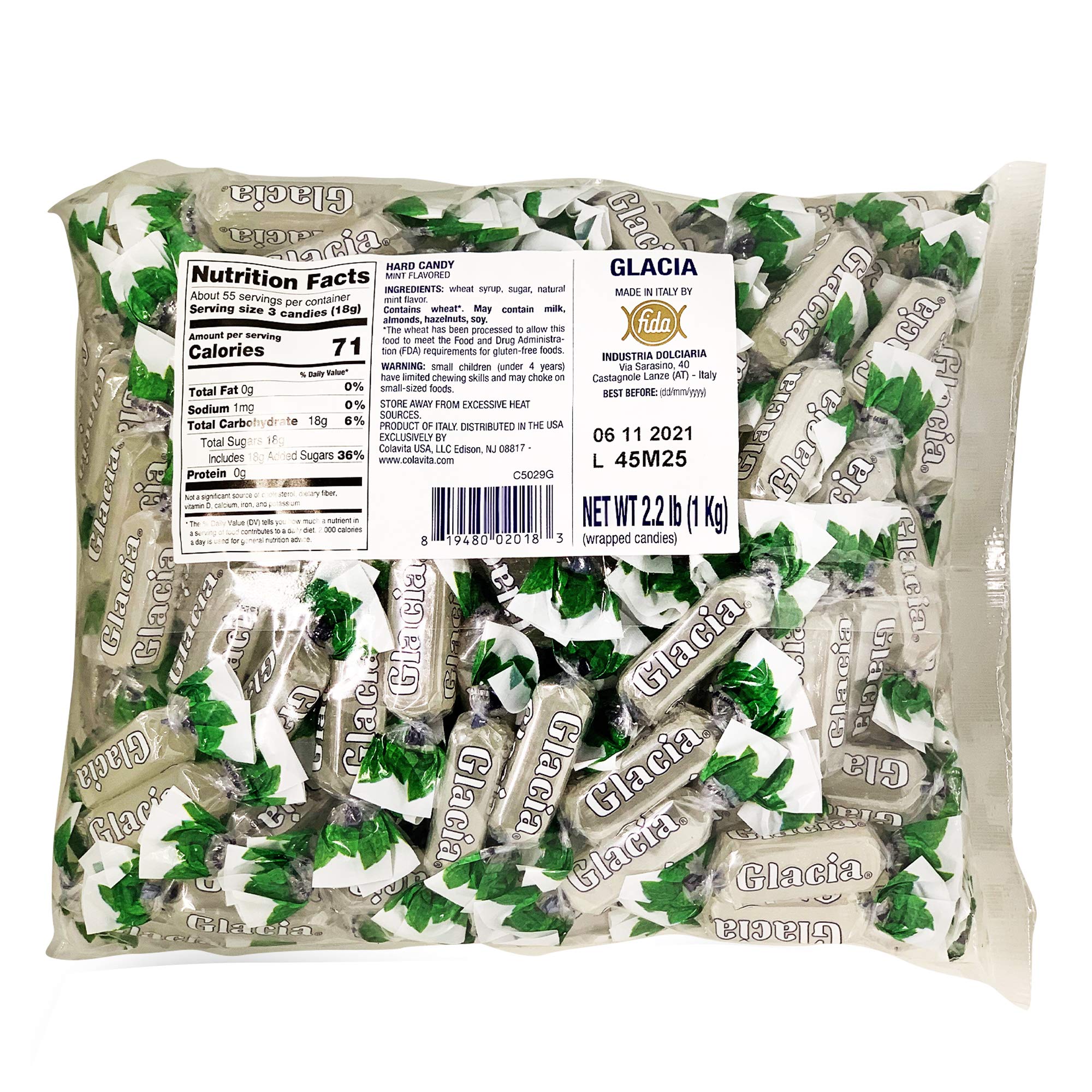 Fida Glacia front packaging showing 2.2 lb bag and wrapped mints for sharing