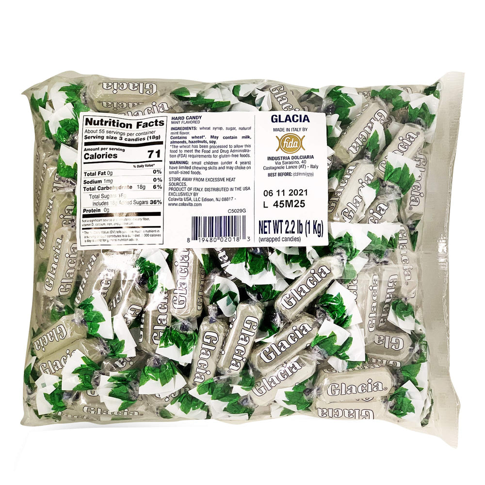 Fida Glacia front packaging showing 2.2 lb bag and wrapped mints for sharing