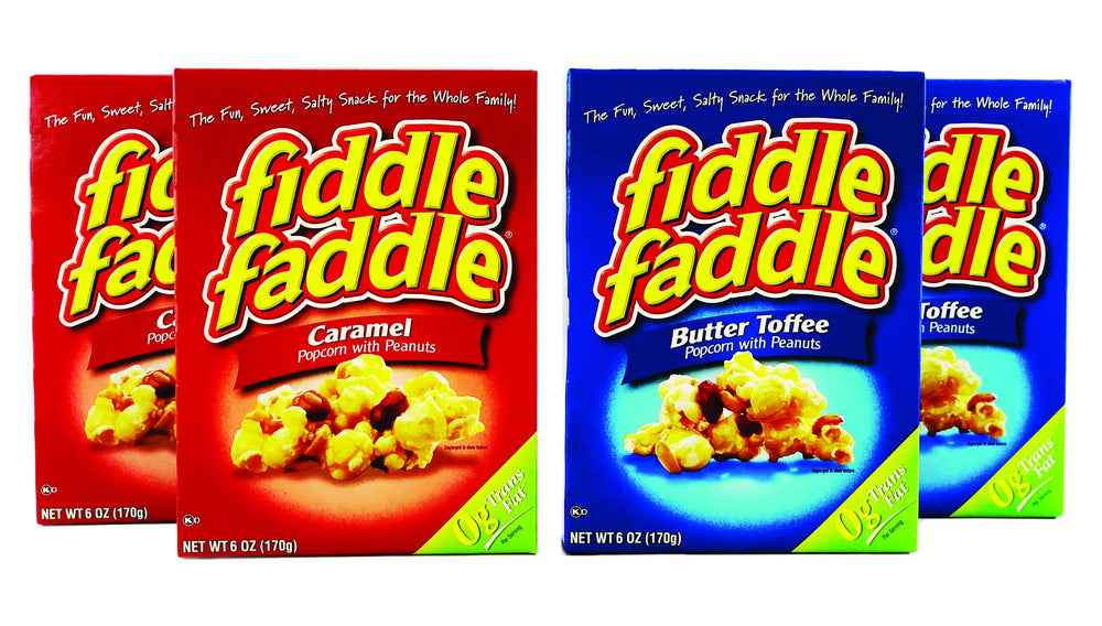 Fiddle Faddle front packaging showing both caramel flavor bags and clear branding for easy choice