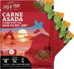 Field Trip front packaging showing carne asada flavor and four-pack convenience