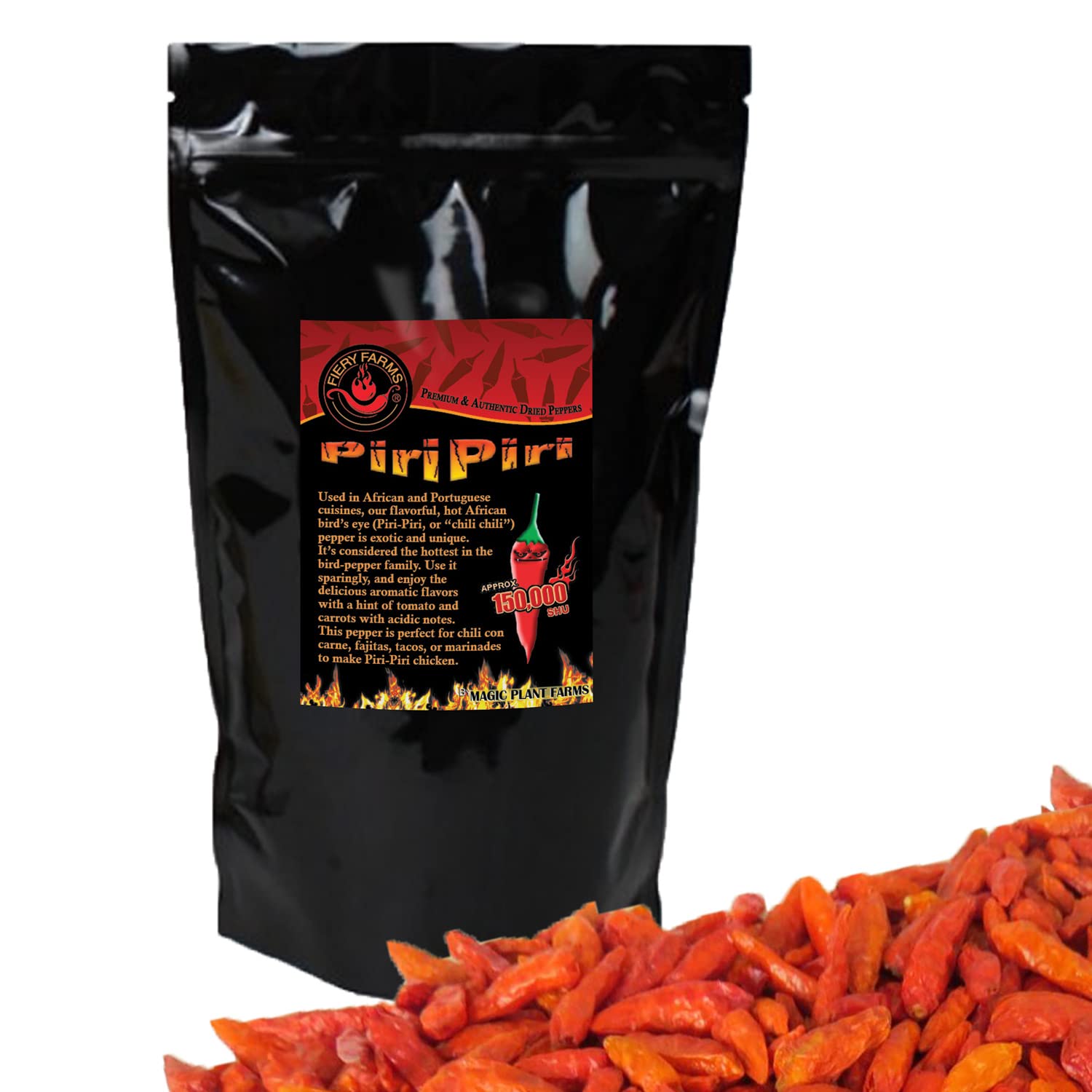 Fiery Farms front pouch showing label and resealable pouch for freshness benefit