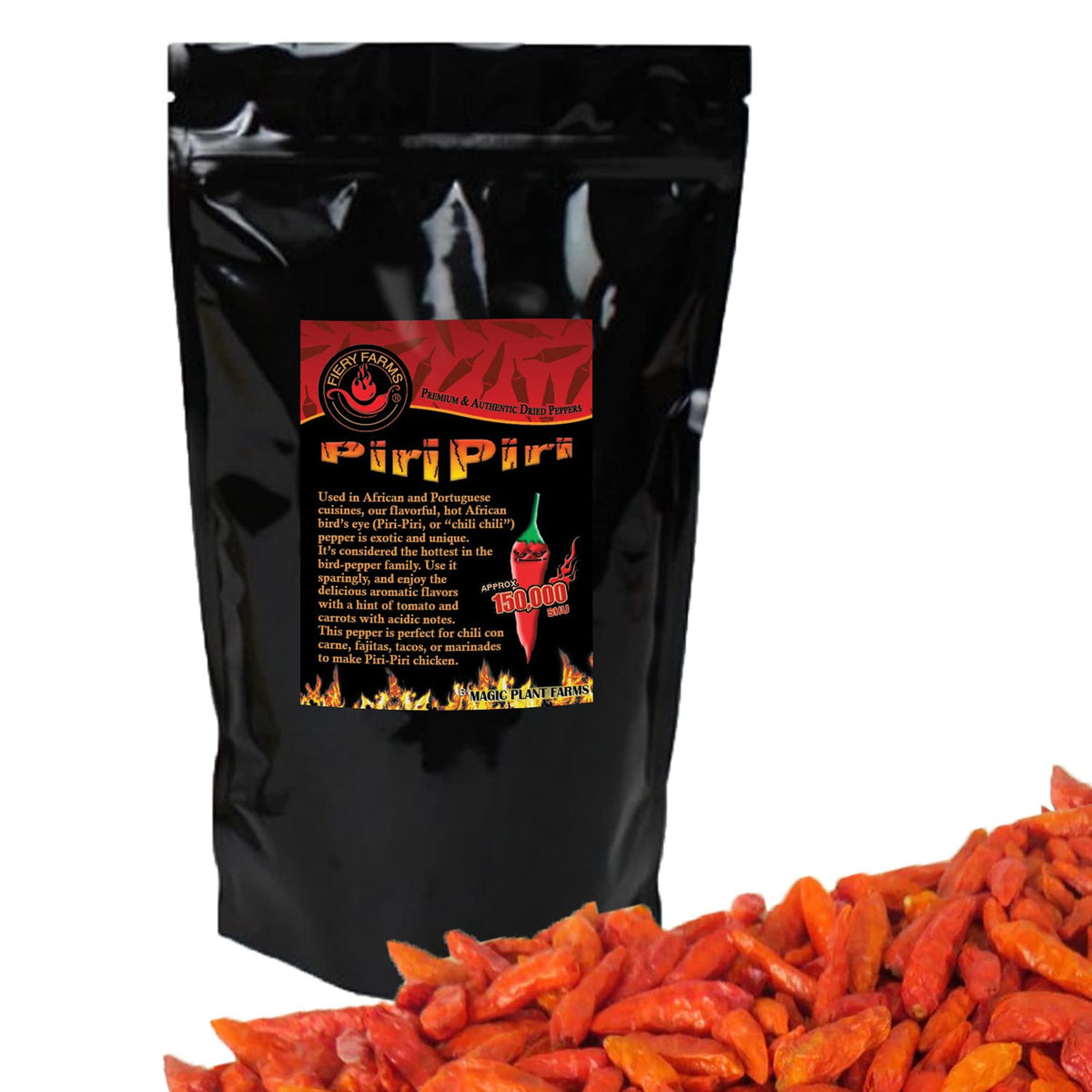 Fiery Farms front pouch showing label and resealable pouch for freshness benefit