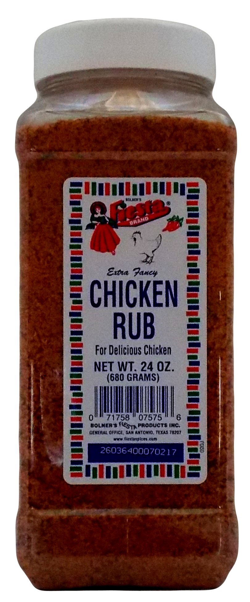 Fiesta Bolner's front packaging showing 24 oz shaker and label, highlights convenience