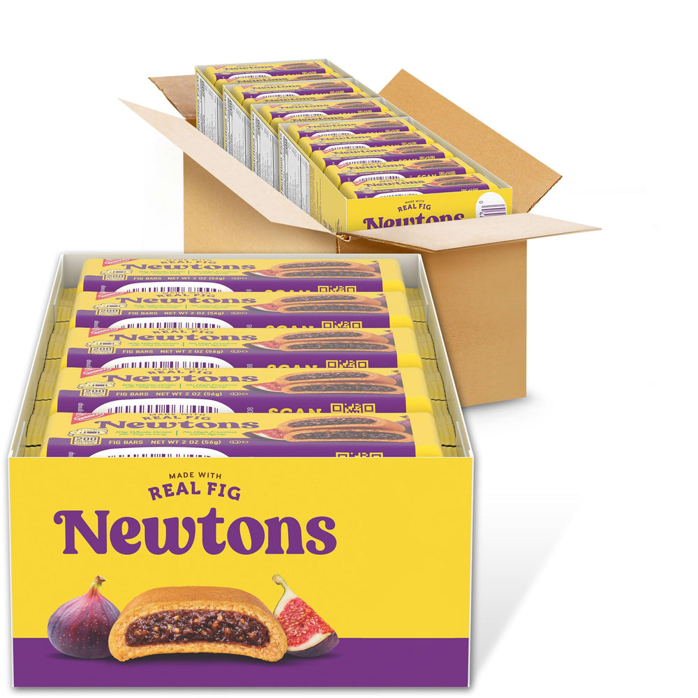 Fig Newtons front packaging showing bulk case and snack packs for convenient storage