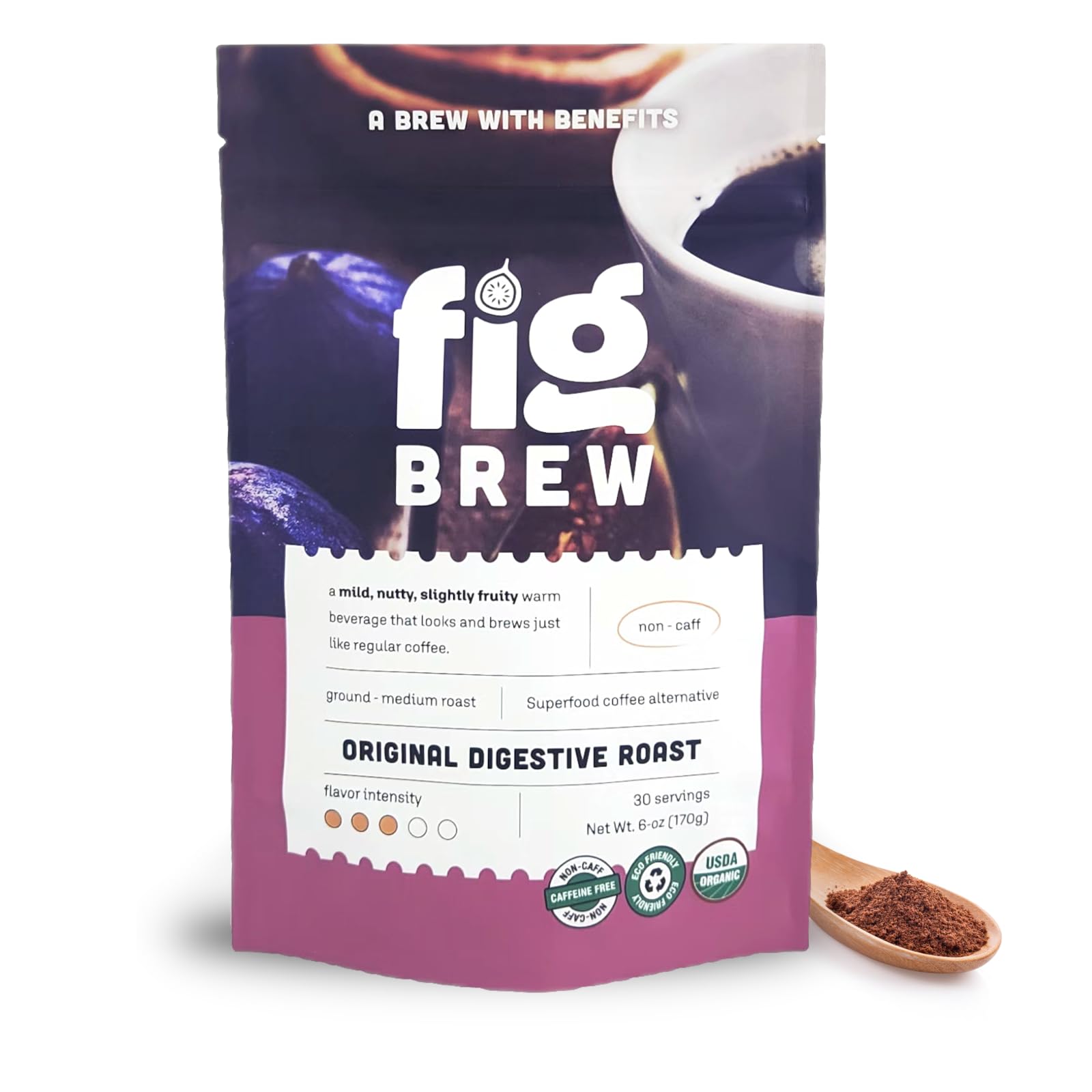 FigBrew front packaging showing organic 6-ounce bag and brand name benefit: clear product info