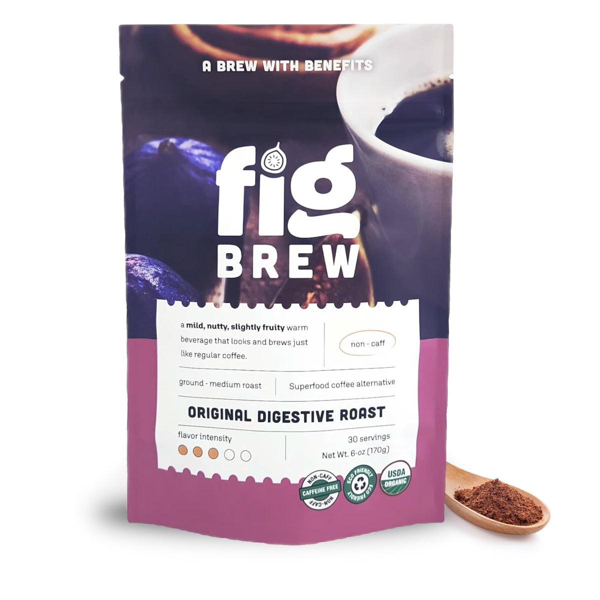 FigBrew front packaging showing organic 6-ounce bag and brand name benefit: clear product info